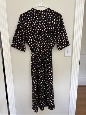 Ann Taylor Black Midi Dress with Cream Polka Spots and Tie Waist